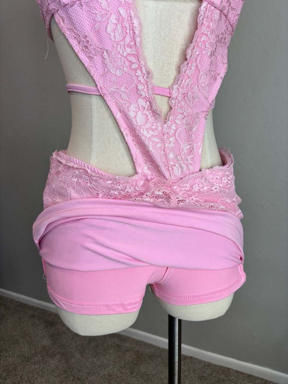 Pink Lace Halter Cut-Out Mini Dress with Rhinestone Detail - Picture 9 of 11